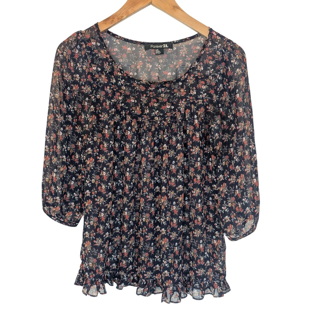Forever 21 Floral Print Babydoll Top Ruffle Hem 3/4 Sleeve‎ Sheer Women's Small